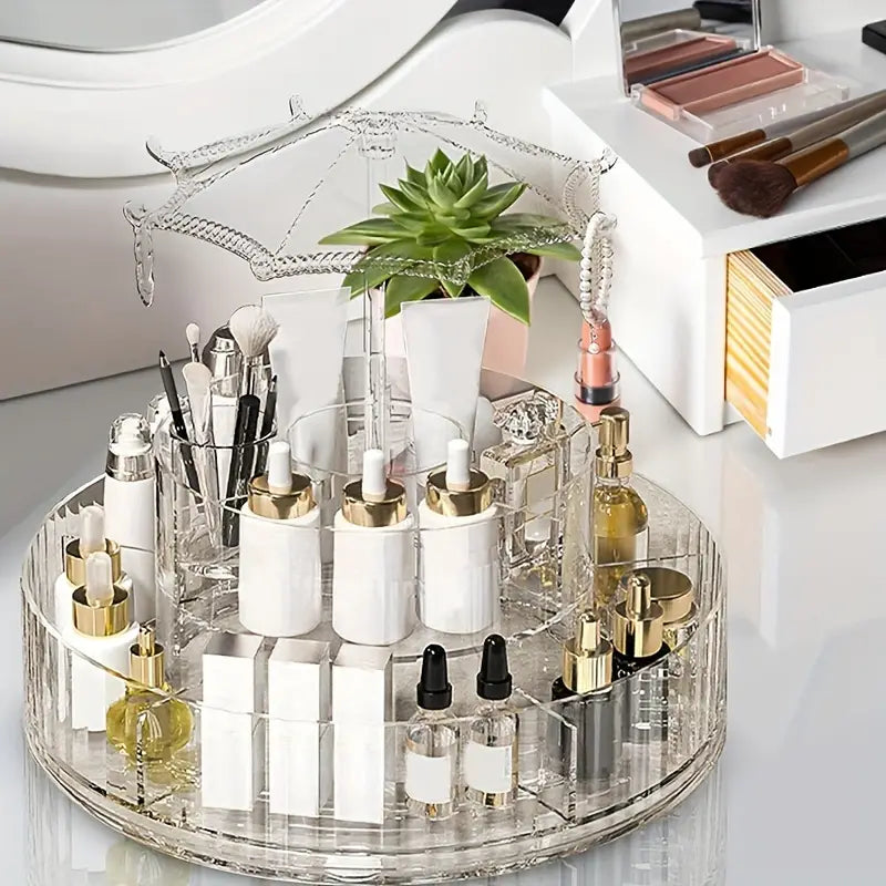 Umbrella Makeup Organizer, Transparent 360 Rotating Cosmetic Storage Box, Large Cosmetic Display Case for Vanity, Spinning Cosmetic Storage Holder Rack, Double Layered Beauty Storage Rack, 2 Level Multipurpose Cosmetic Jewellery Case Umbrella Makeup Organizer, Transparent 360 Rotating Cosmetic Storage Box, Large Cosmetic Display Case for Vanity, Spinning Cosmetic Storage Holder Rack, Double Layered Beauty Storage Rack, 2 Level Multipurpose Cosmetic Jewellery Case